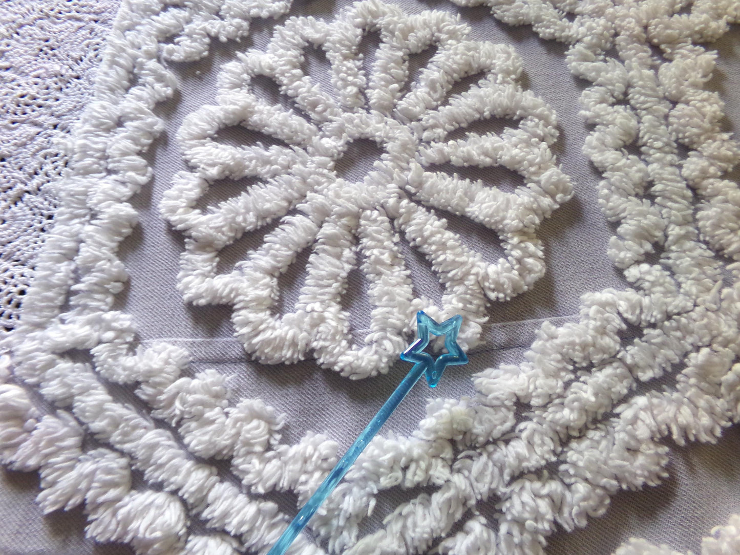 lavender mist cottage style chenille fabric, plush white ruffle daisies, 17" x 26" piece of vintage sewing material for quilting, fiber arts