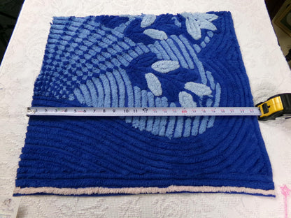 vintage chenille bedspread fabric, mystic blue fan floral sewing material, 22" x 21" piece