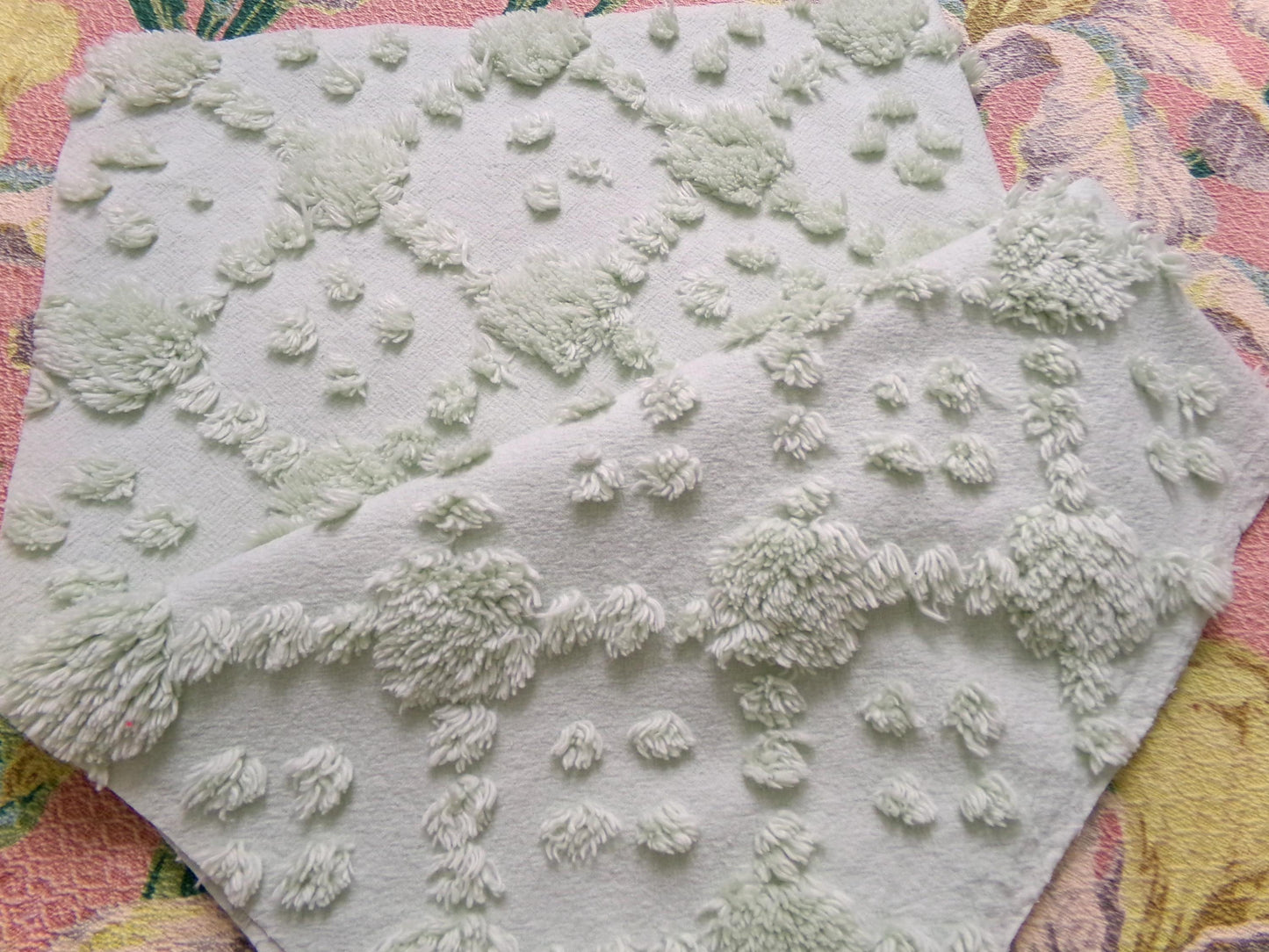 fluffy green vintage style chenille fabric, versatile sewing & quilt material, 19" x 24" piece
