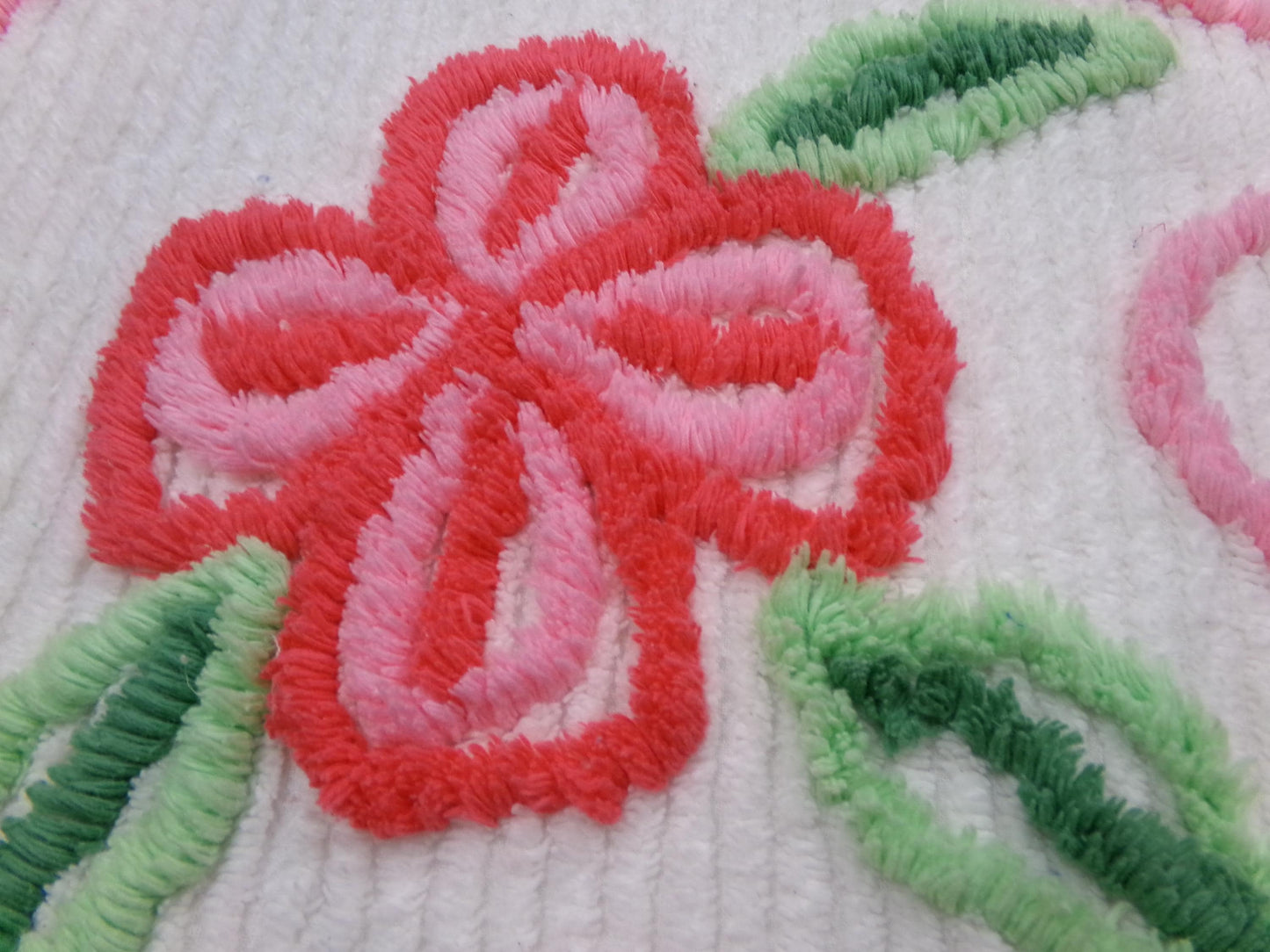 Vintage Chenille Fabric, Pink Flower Abstract Heart Piece Sewing & Quilt Material 22" x 23"