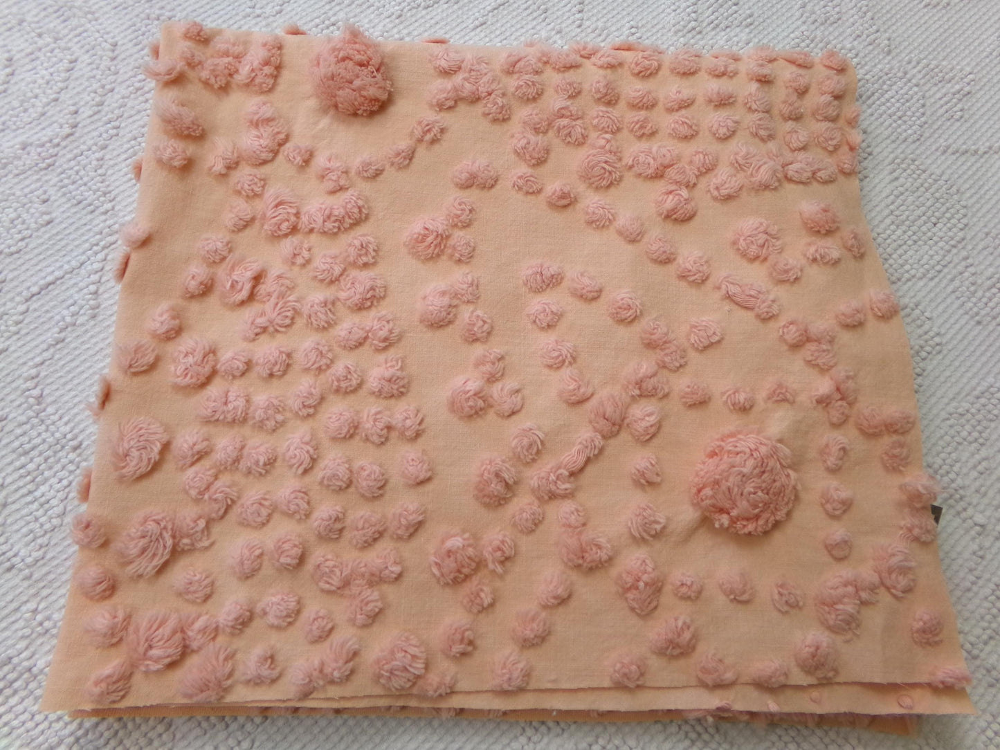 cosmic sunrise vintage chenille fabric, handtufted sun pops, 20" x 23" piece of peach antique sewing & quilt material