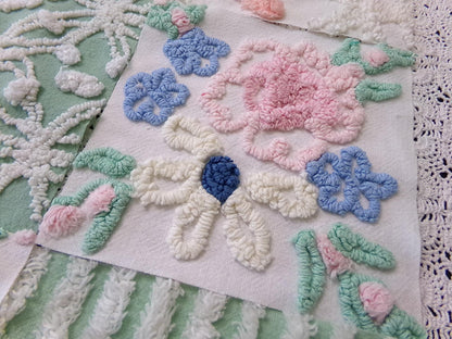 Floral Vintage Chenille Quilt Squares, Flower Medley 6" Fabric Blocks, Set of 17 for Quilting & Crafts