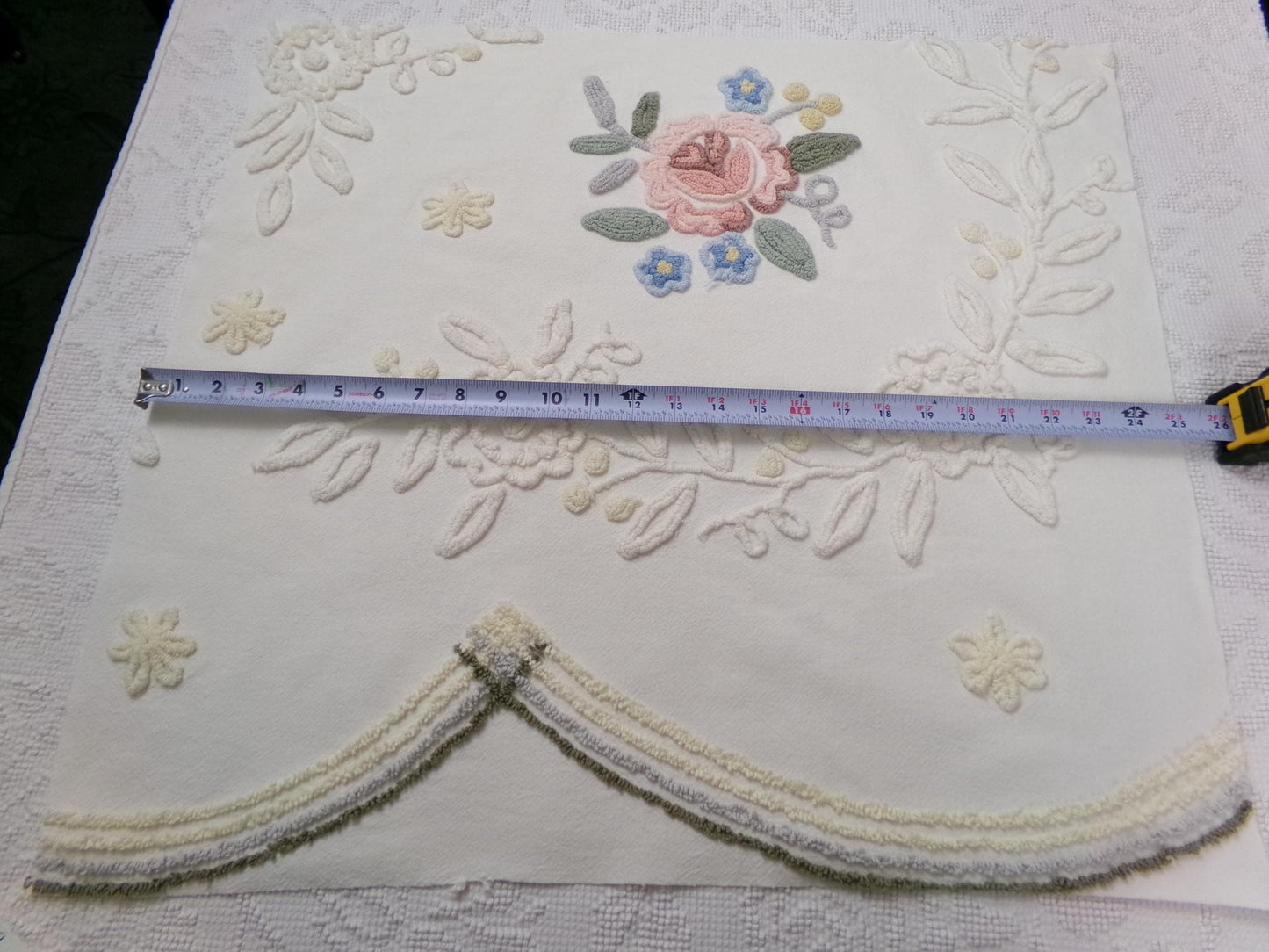 Solitary Rose Vintage Chenille Bedspread Fabric, Shabby Sweet Sewing Material, 22" x 24"