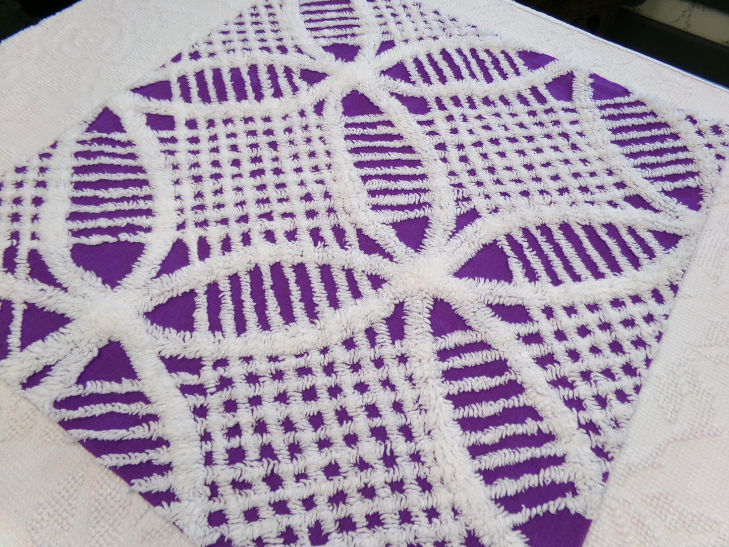 Vintage Chenille Fabric, 21" x 20" inch Piece, Snow White Geometric Design on Grape Purple