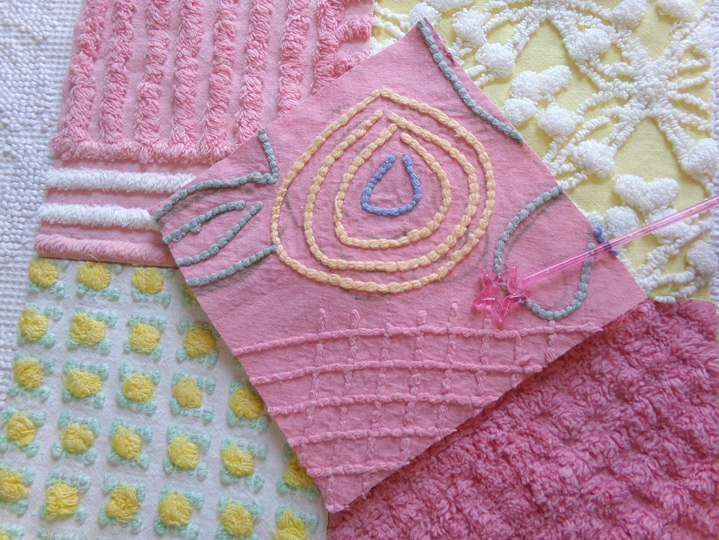 vintage chenille fabric squares, "buttercup baby" set of 16 floral 6" quilt blocks in colorful pink & yellow, for quilting, crafts, sewing