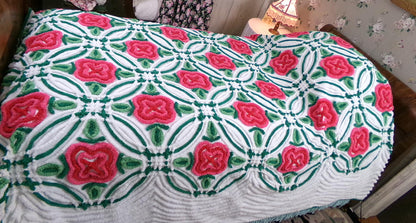 Shabby Rose Vintage Chenille Bedspread Tufted White Full Size 100% Cotton Bedding