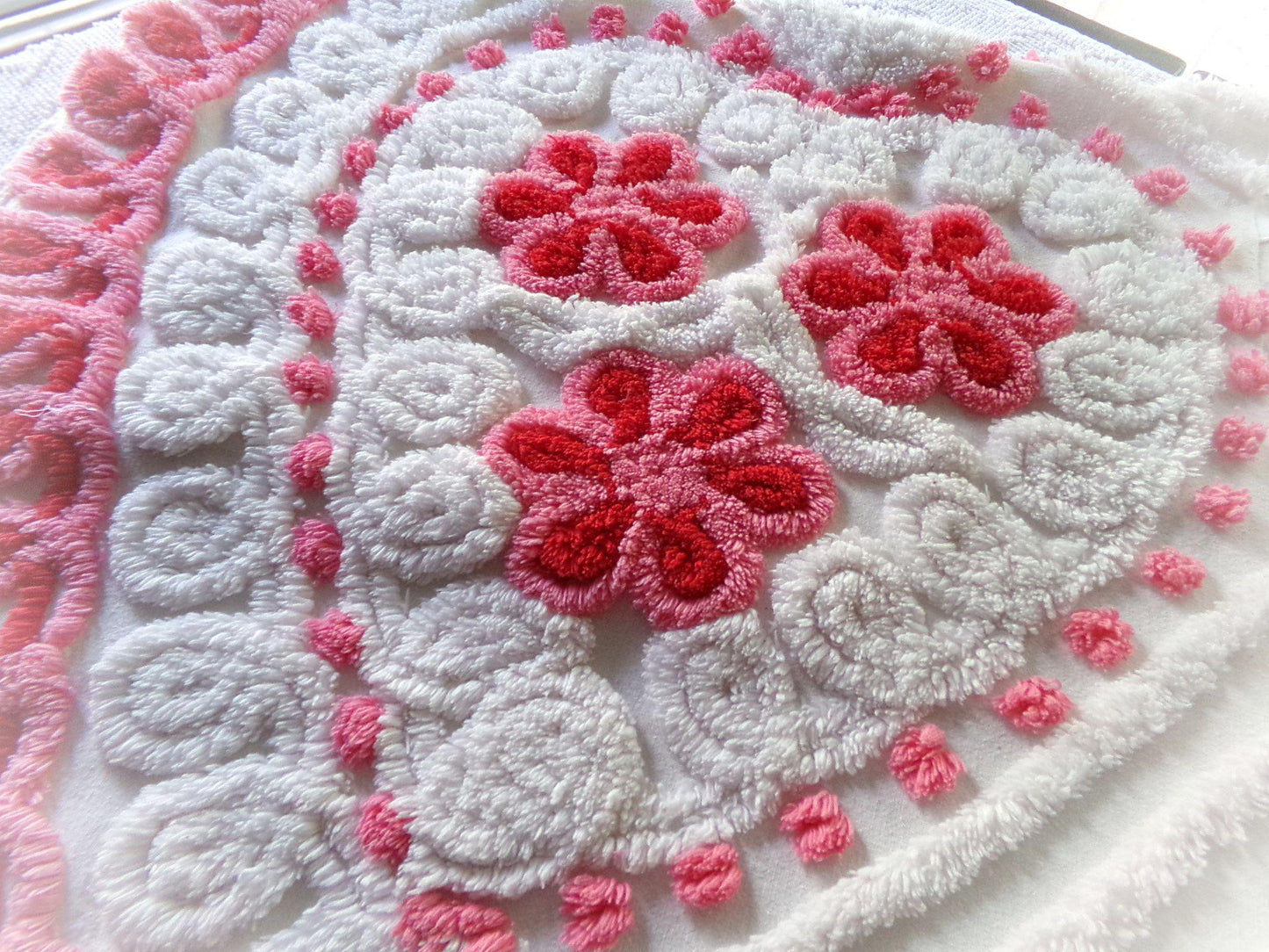 romantic hearts vintage chenille fabric, sweetest plush rose pink flowers, 21" x 26" inch rounded piece cotton sewing material for crafting