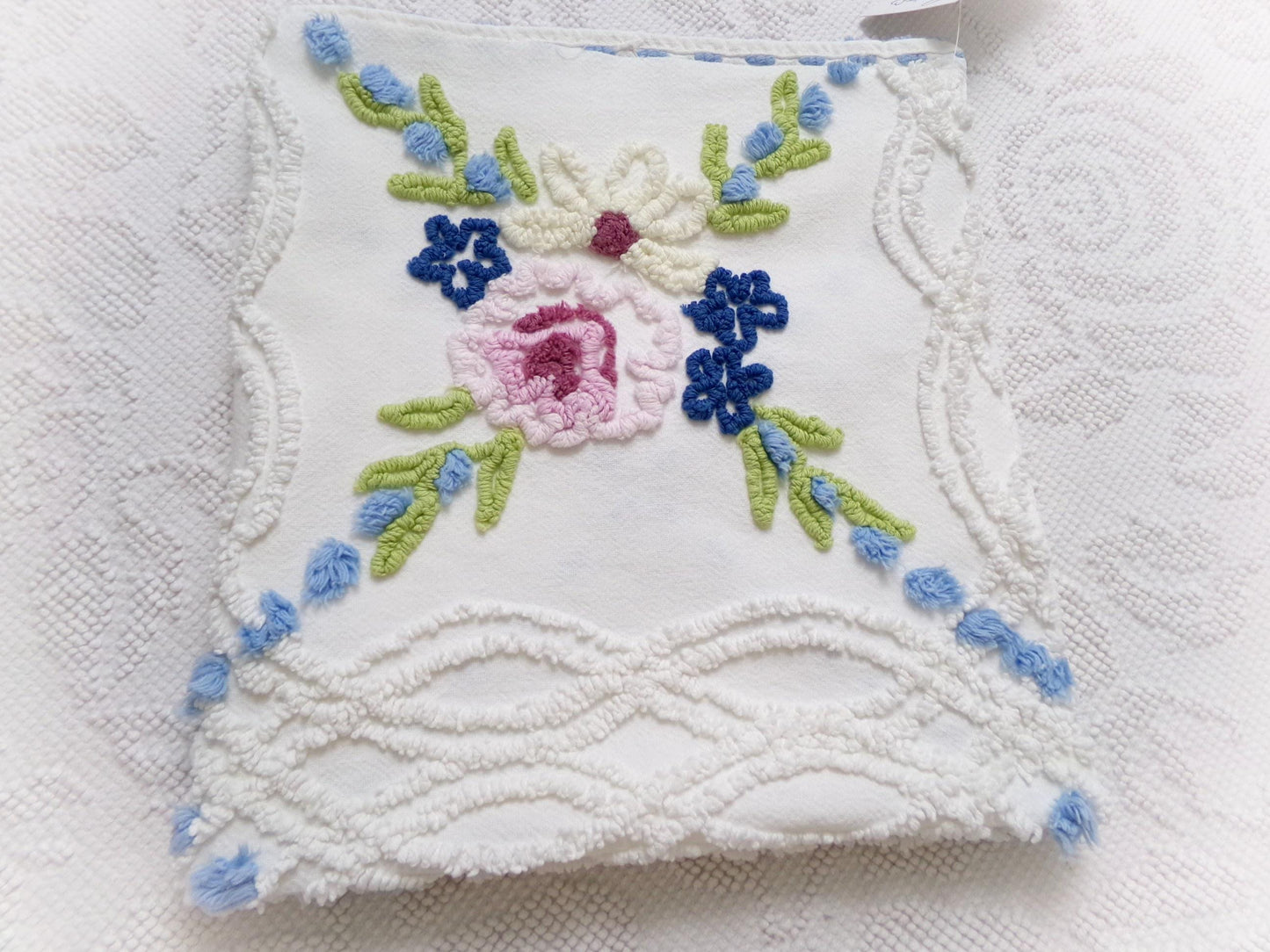 Shabby Coastal Vintage Chenille Fabric, Blue & White Floral Sewing Material 21" x 23" Piece
