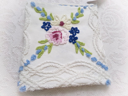 Shabby Coastal Vintage Chenille Fabric, Blue & White Floral Sewing Material 21" x 23" Piece