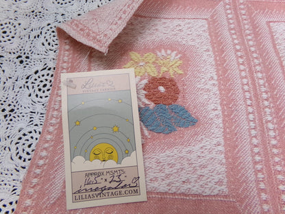Vintage Pink Floral Fabric, Cotton Woven Cottage Windowpane Design 16.5x23"