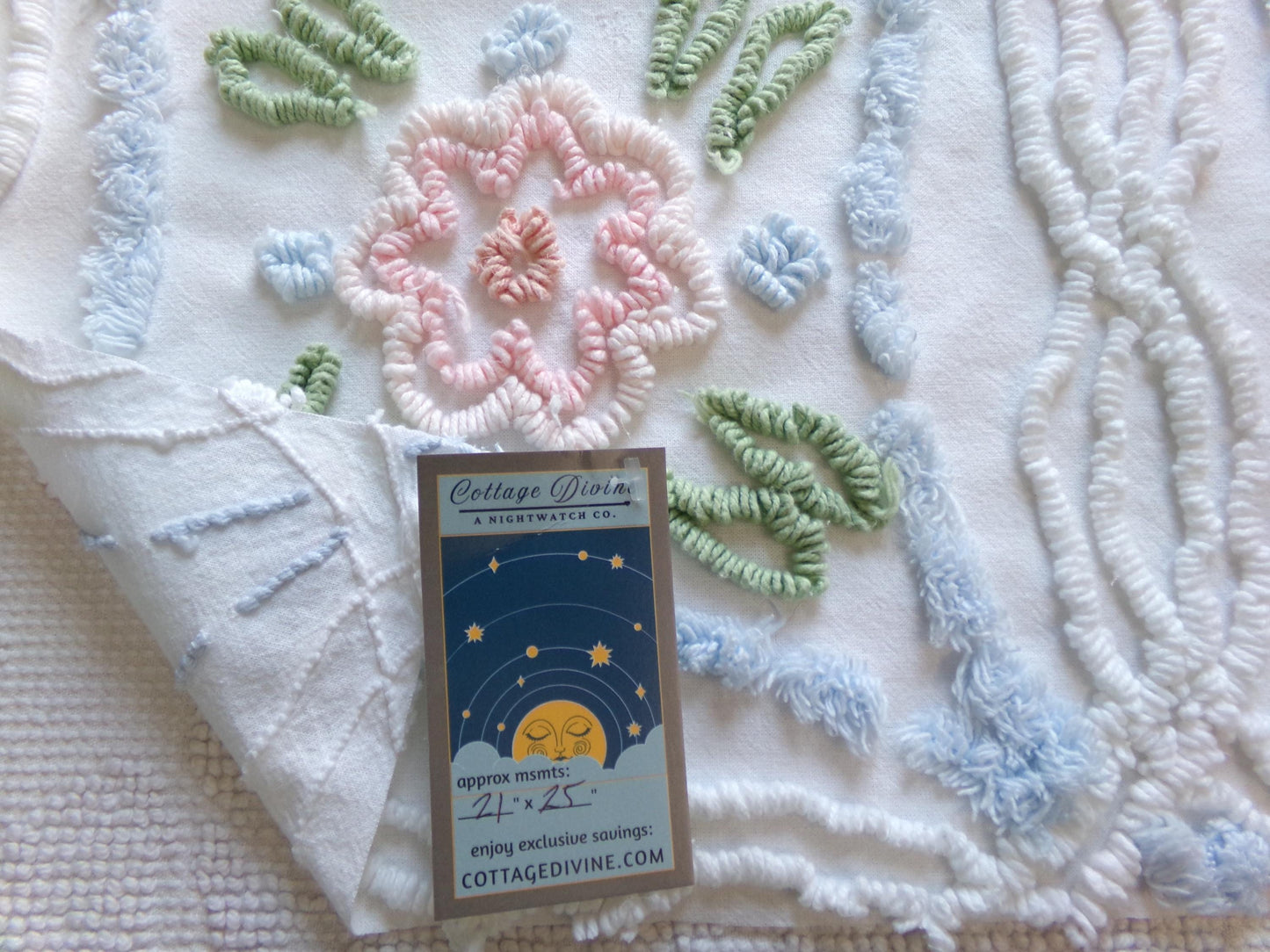 Shabby Cottage Chic Vintage Chenille Fabric, 25" x 21" Piece of White Pink Blue Floral Cotton Sewing Material, Upcycle into Pillows, Quilts