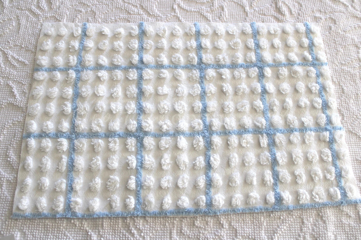 coastal blue & white vintage chenille fabric, puffy textured pops, 12" x 18" cut piece