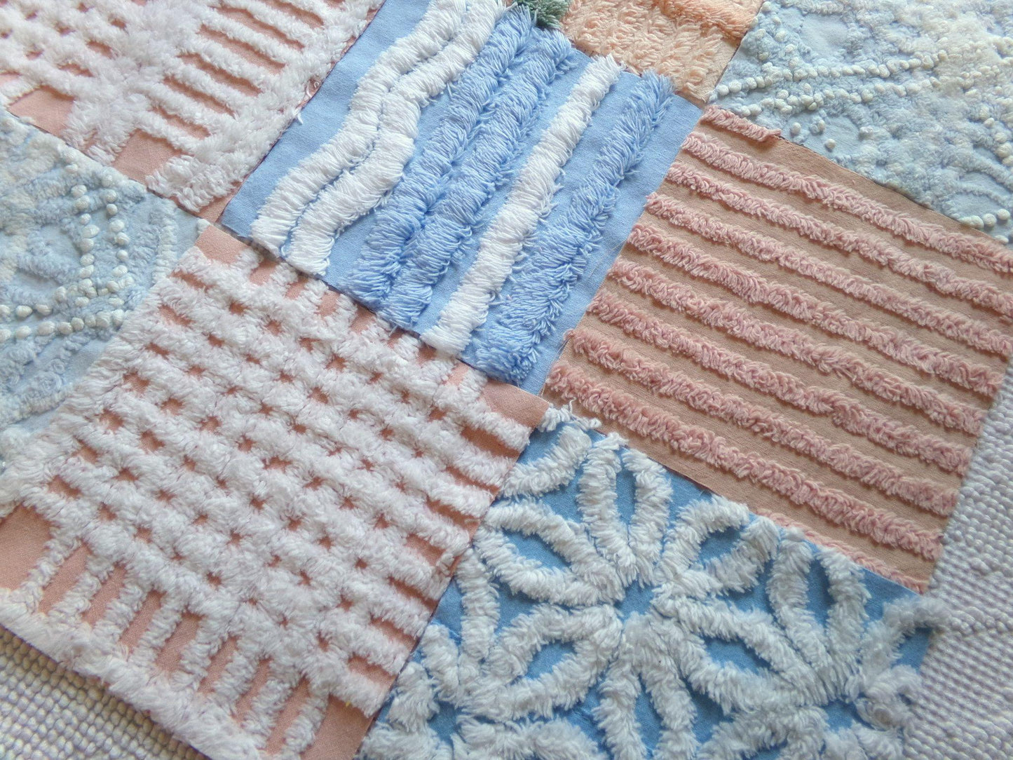 frost & fizz vintage chenille fabric squares, set of 16 blue, peach, white 6" quilt blocks for arts, crafts sewing