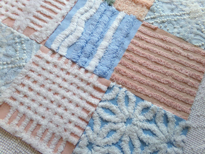 frost & fizz vintage chenille fabric squares, set of 16 blue, peach, white 6" quilt blocks for arts, crafts sewing