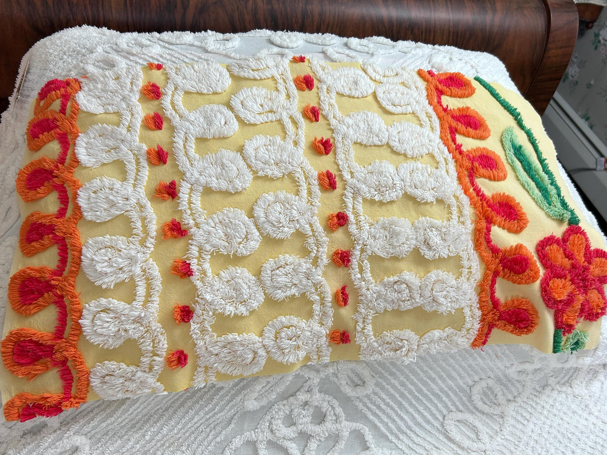 Happy Yellow Vintage Chenille Bedspread Fabric, Boho Red Flower Curlicues 13x25"