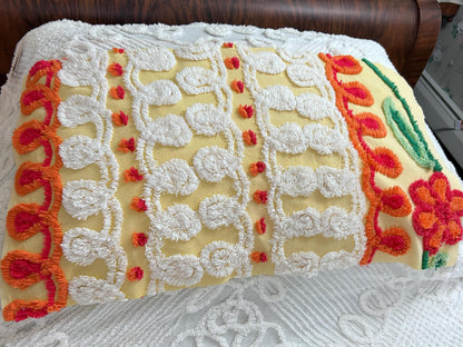 Happy Yellow Vintage Chenille Bedspread Fabric, Boho Red Flower Curlicues 13x25"