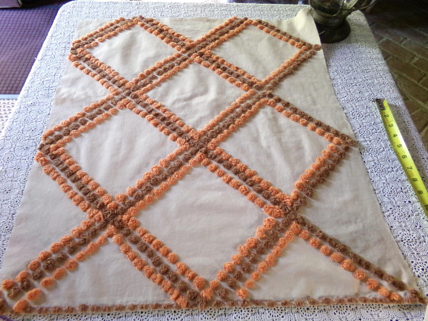 Vintage Boho Style Chenille Fabric, 27" x 24" Cut Piece of Cotton Sewing Material, Pumpkin Spice & Nutmeg Wideset Lattice Design