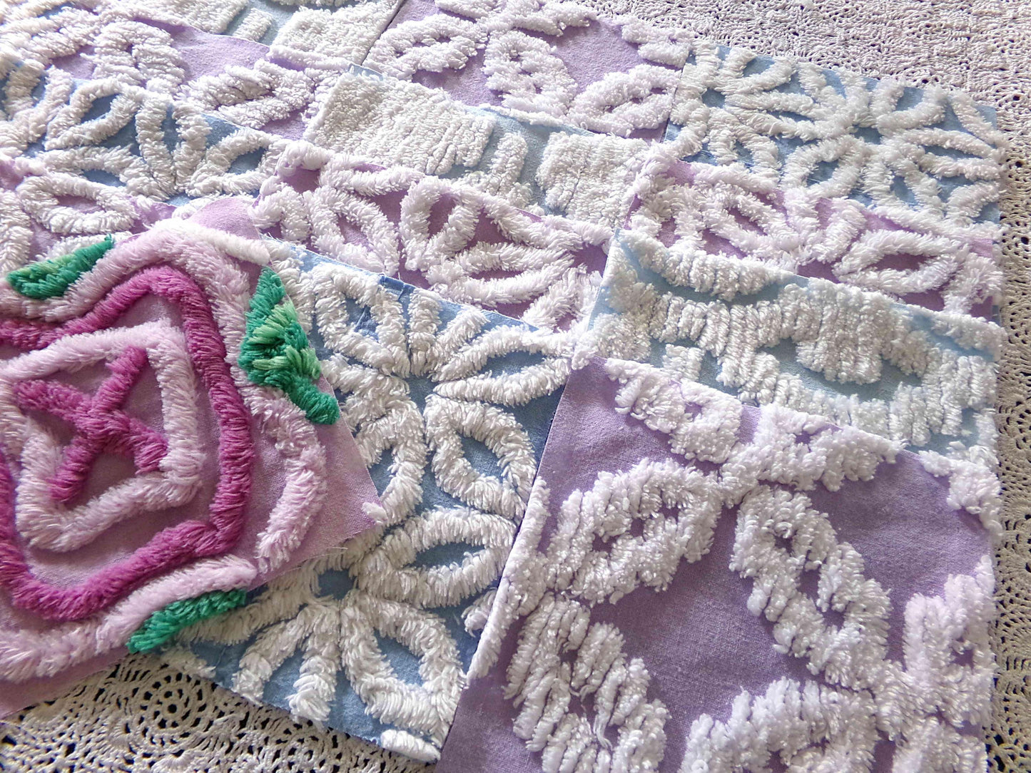 serene chenille fabric squares, dreamy blue, lilac & white, 17 vintage quilt blocks 6" x 6" inch, for pillows, quilting, crafts