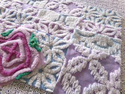 serene chenille fabric squares, dreamy blue, lilac & white, 17 vintage quilt blocks 6" x 6" inch, for pillows, quilting, crafts