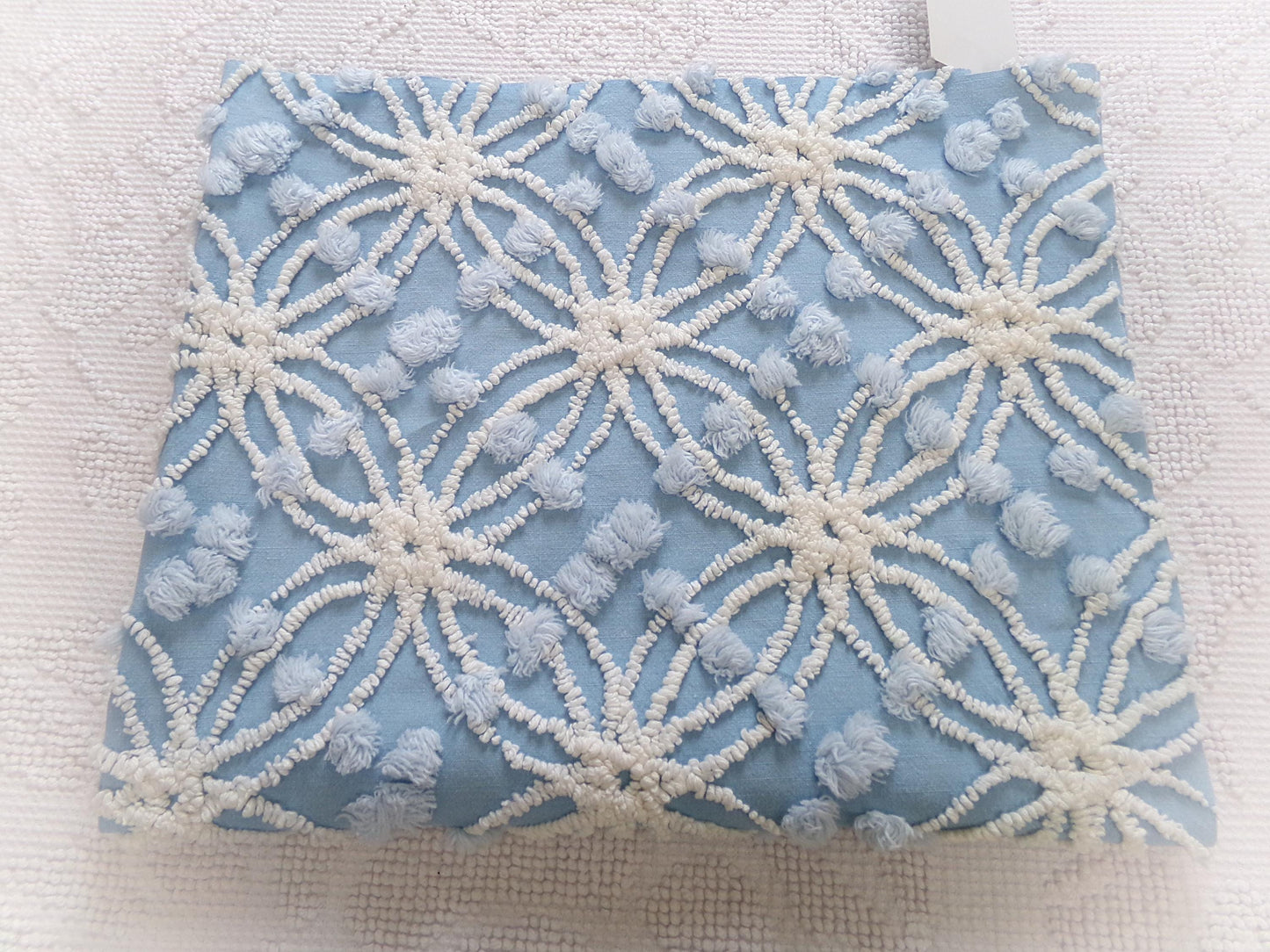 mystic coast blue vintage chenille fabric, 20" x 25" piece quilt & sewing material, white wedding rings with overtufted pops