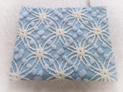 mystic coast blue vintage chenille fabric, 20" x 25" piece quilt & sewing material, white wedding rings with overtufted pops