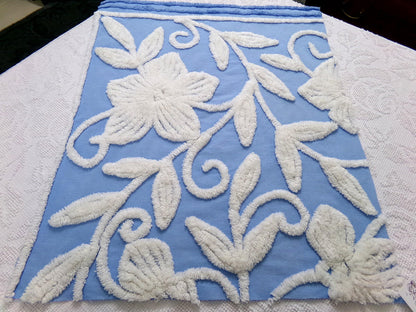 Vintage Chenille Fabric Piece, White Botanical Floral on Sky Blue, 21" x 24" Sewing Material