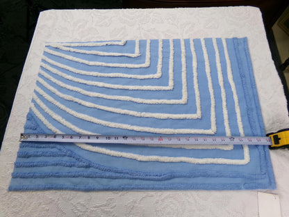 vintage chenille bedspread fabric, blue & white wave design, 27" x 19"