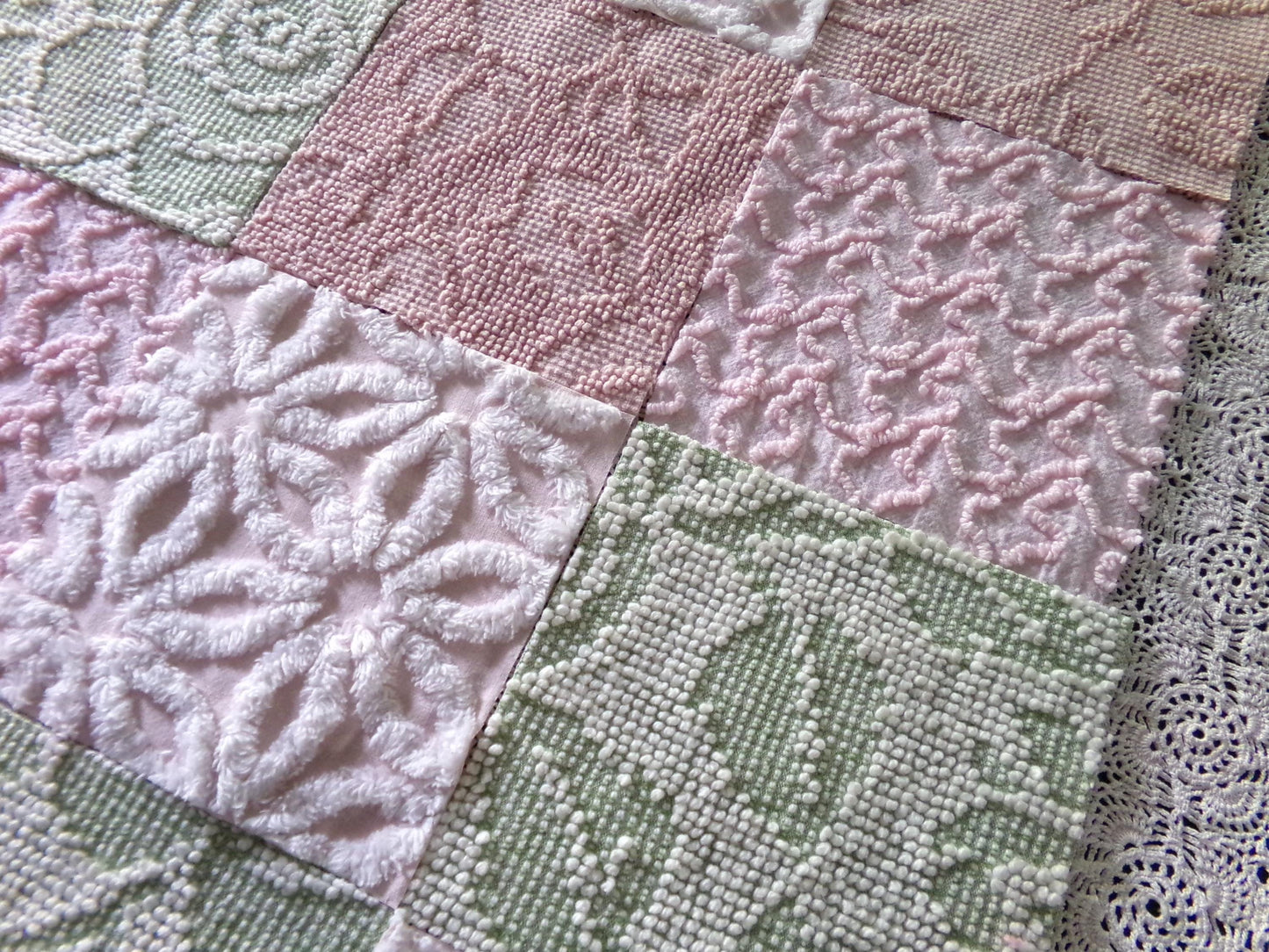 Garden Walk Chenille Quilt Squares Set from Vintage Bedspread Fabric, 16 Blocks, 6" inch in Sage Green, Pink, Rose Mist & Whispers of White
