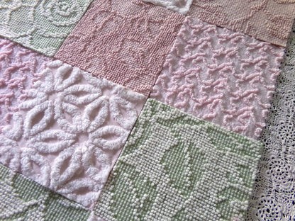 Garden Walk Chenille Quilt Squares Set from Vintage Bedspread Fabric, 16 Blocks, 6" inch in Sage Green, Pink, Rose Mist & Whispers of White