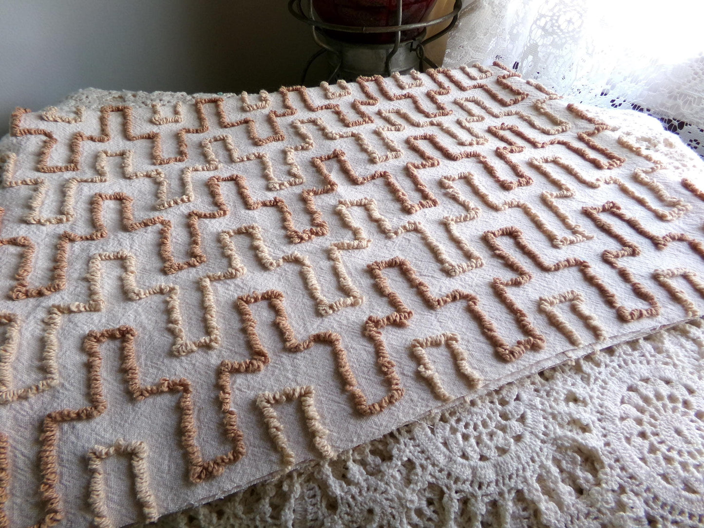 fantasy pyramids boho chenille fabric, retro earthtone brown vintage 18" x 24" piece of cotton quilt material for crafts & sewing