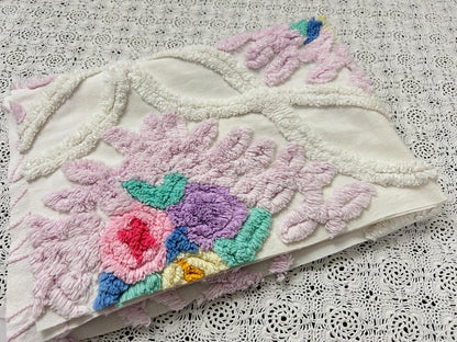 Vintage Chenille Fabric, Lavender Pink Floral Tufted 18x26" Craft Piece