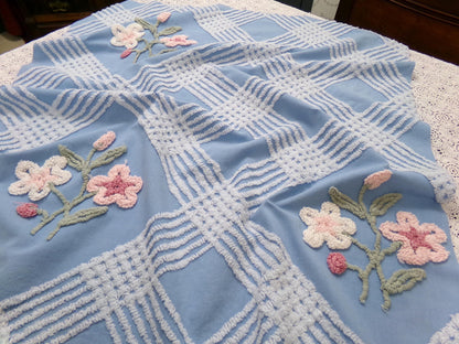 Coastal Floral Vintage Chenille Bedspread Fabric Blue & White 25 x 27" Piece