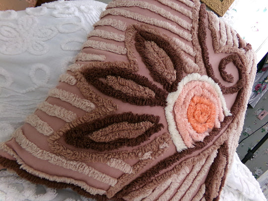 Sunrise Rose Boho Vintage Chenille Pillow Cover & Insert, 17" x 15" inches, Handmade Decorative Accent Pillow, Shabby Hippie Home Decor
