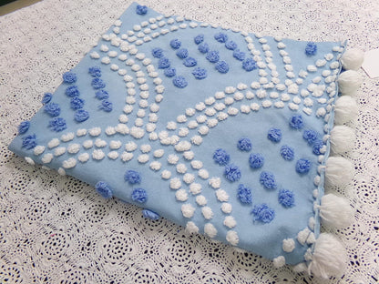 Blue Shell Scallops Vintage Chenille Bedspread Fabric Coastal Pops 24x26"