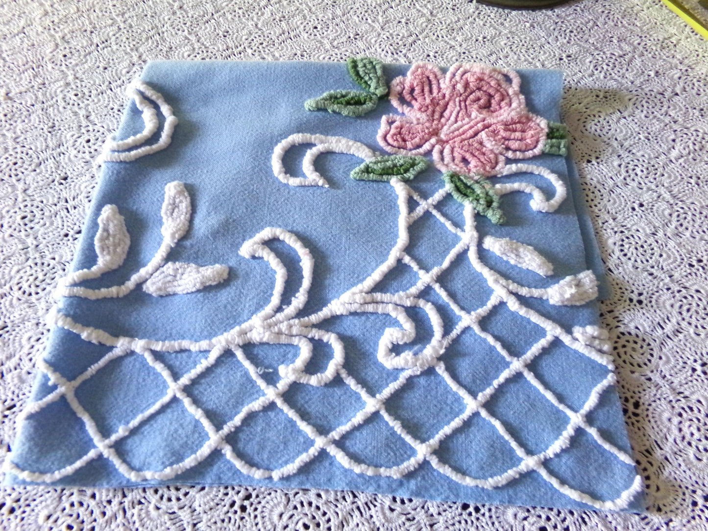 shabby chic pink rose vintage chenille fabric, pretty blue background, dainty white scrollwork, 18" x 22" piece of sewing material