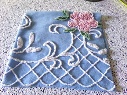 shabby chic pink rose vintage chenille fabric, pretty blue background, dainty white scrollwork, 18" x 22" piece of sewing material