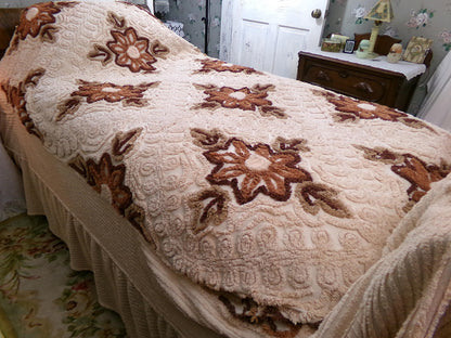 hazelnut coffee floral vintage chenille bedspread, full size luxury bedding with an integrated skirt, boxed & fitted design, boho retreat