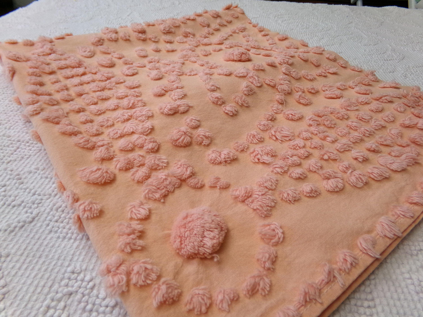 cosmic sunrise vintage chenille fabric, handtufted sun pops, 20" x 23" piece of peach antique sewing & quilt material