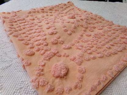 cosmic sunrise vintage chenille fabric, handtufted sun pops, 20" x 23" piece of peach antique sewing & quilt material