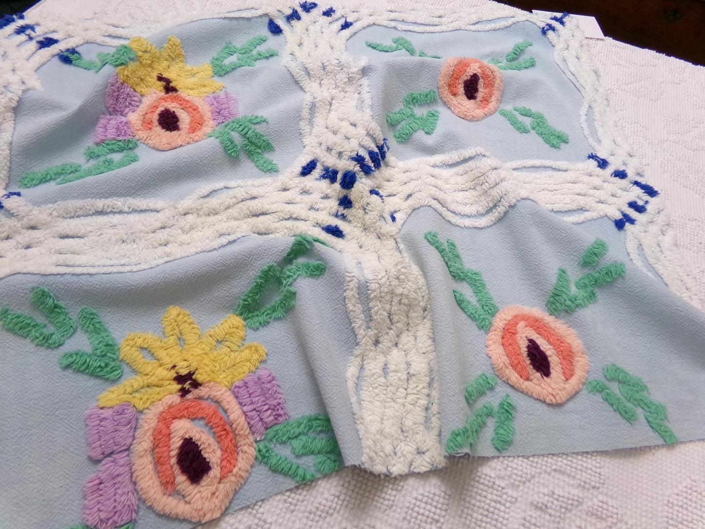 Vintage Blue Floral Chenille Bedspread Fabric, coastal chic sewing material, 21" x 25"