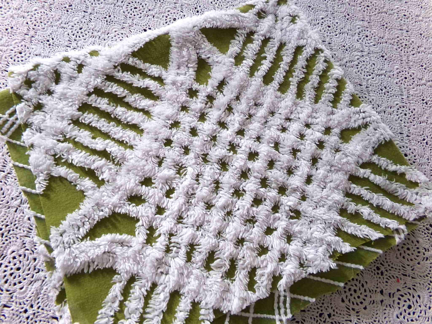 Boho Olive Army Green Vintage Chenille Fabric, 22" x 20" inch Piece, Retro 1970s Hippie Vibes