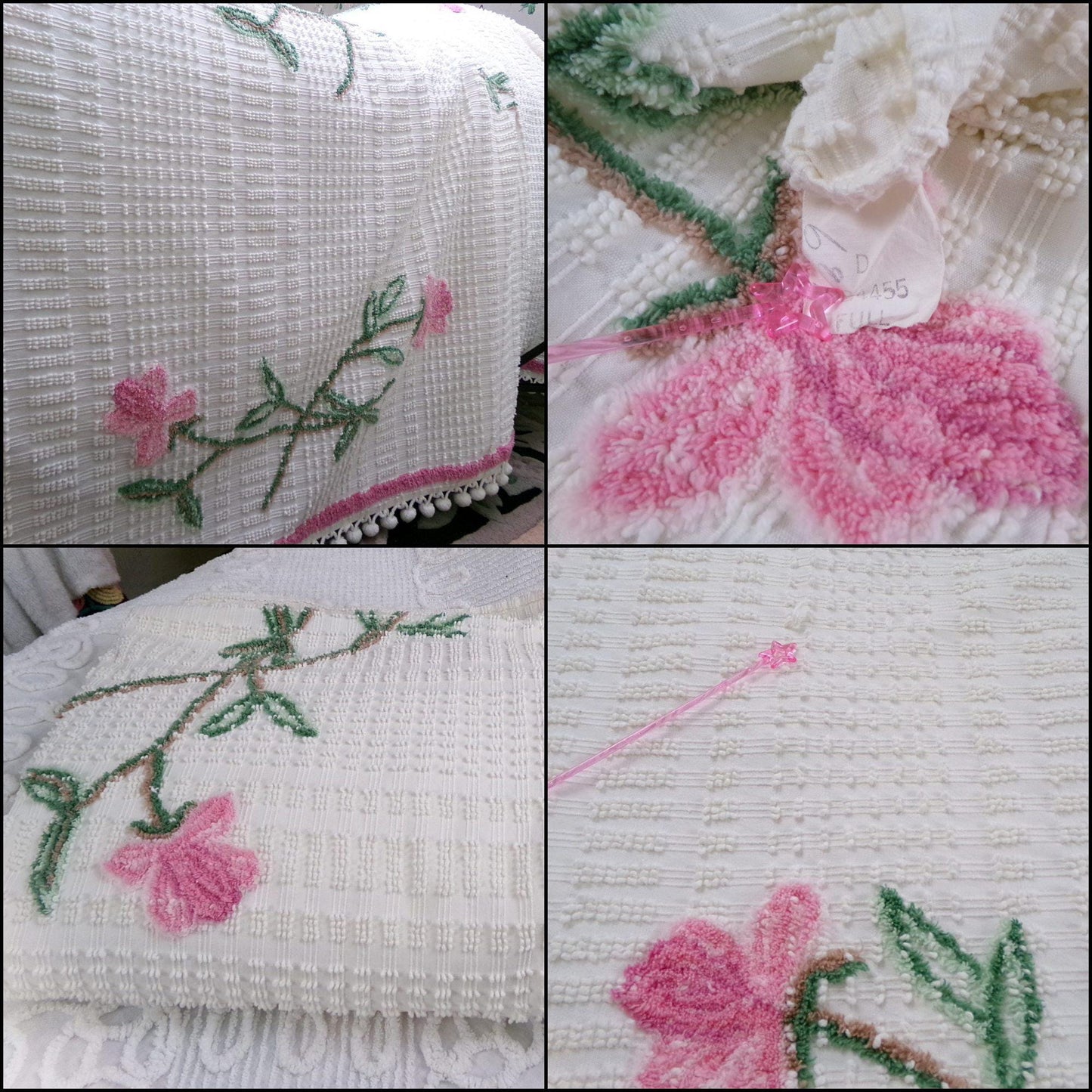 Vintage White Chenille Bedspread Wispy Pink Roses Hobnail Full Double Cottage Farmhouse