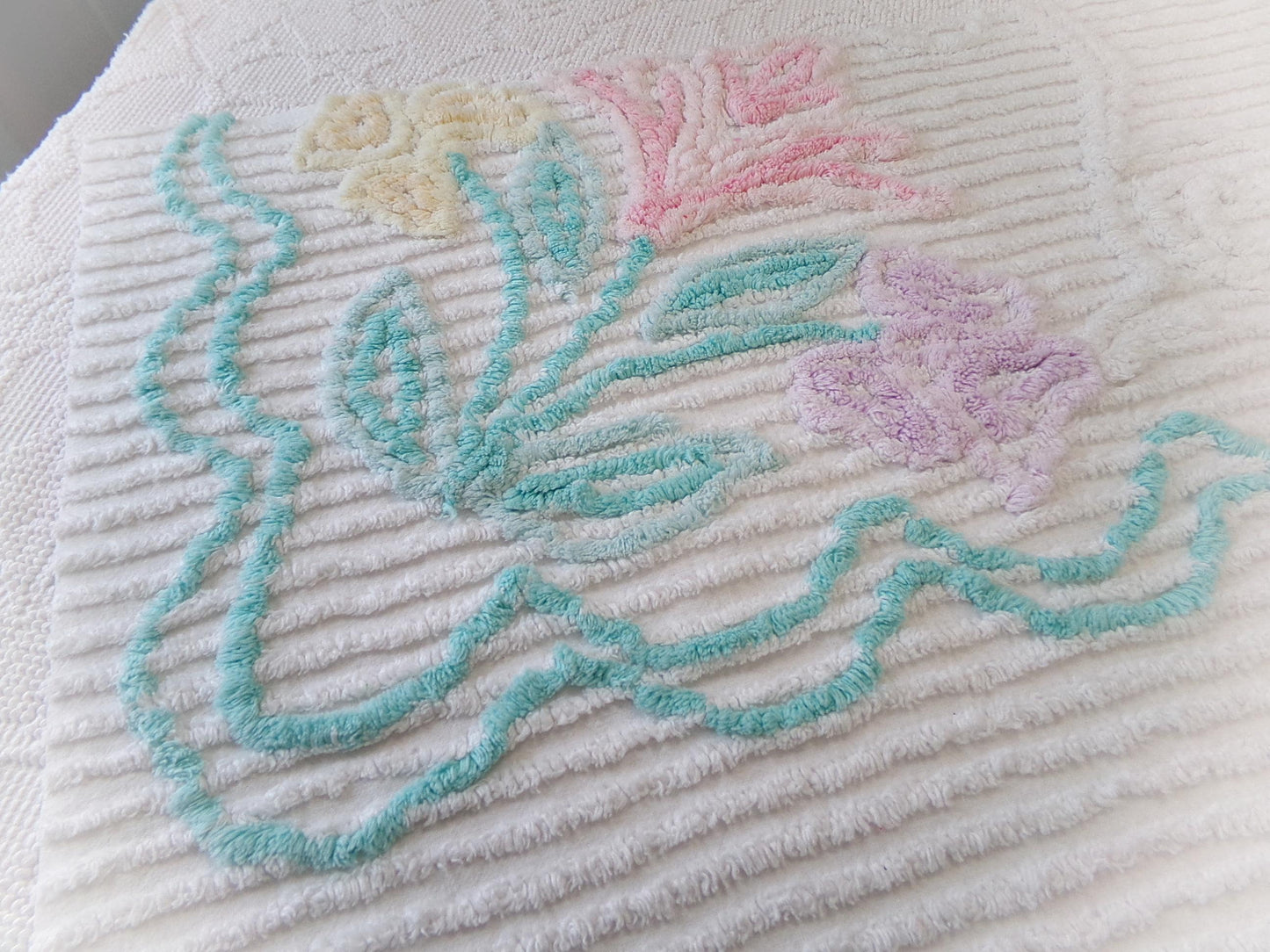 Pastel Floral Vintage Chenille Bedspread Fabric, Cottage Chic Design 18" x 24" piece sewing material