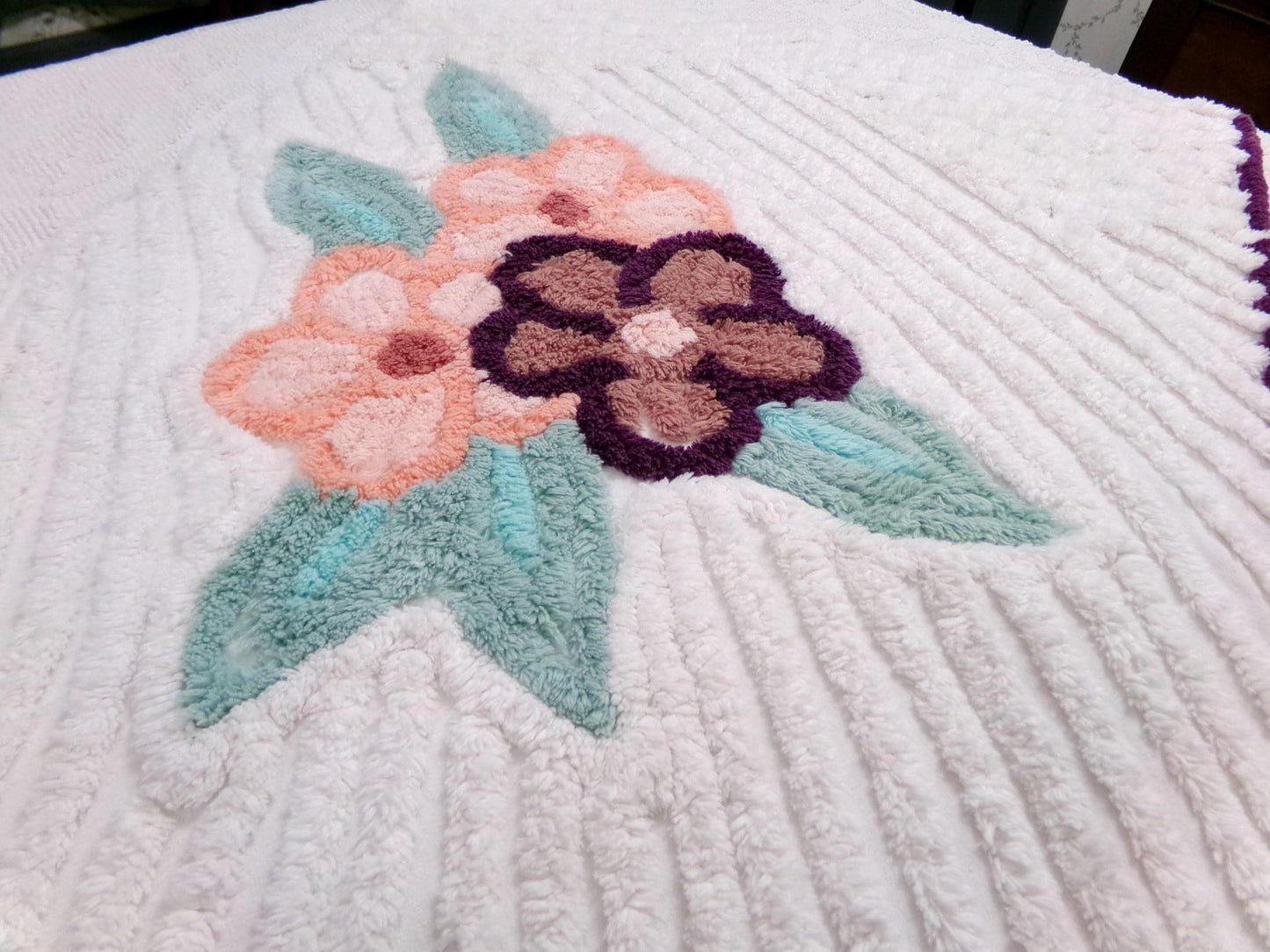 Vintage Chenille Fabric Piece, Magnolia Florals on White, 19" x 23" Sewing Material
