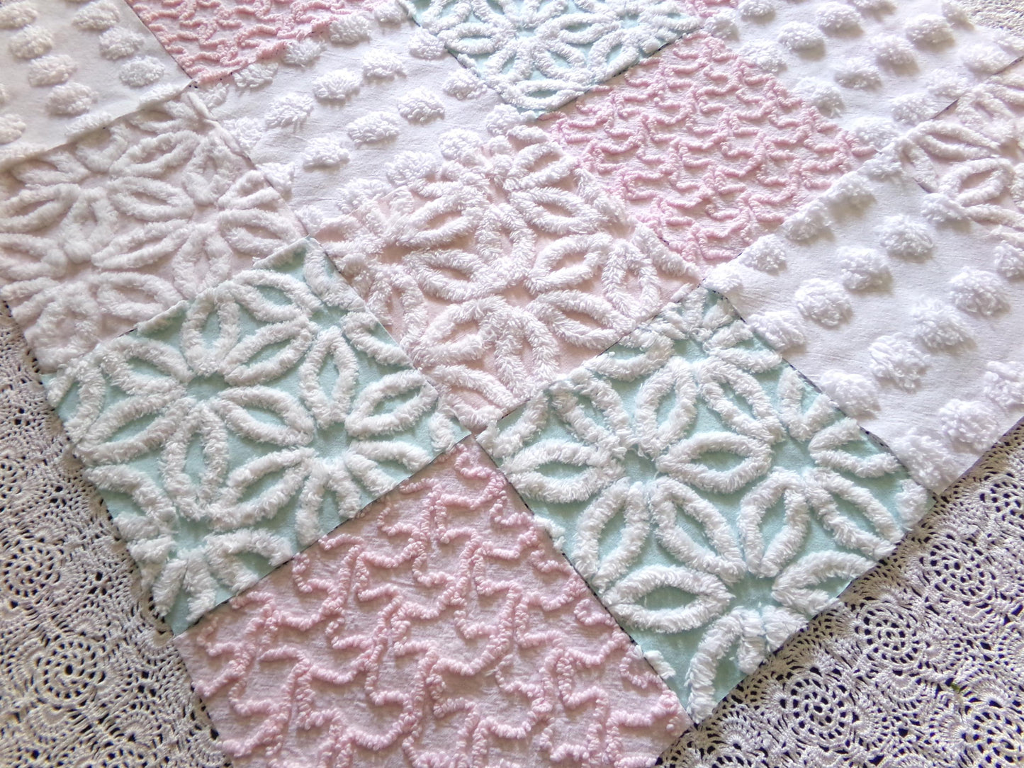Beautiful Aqua & Pink Chenille Quilt Squares Set from Vintage Bedspread Fabric, 16 Blocks, 6" x 6" inch, Daisy, Squiggle, Polka Dot Patterns