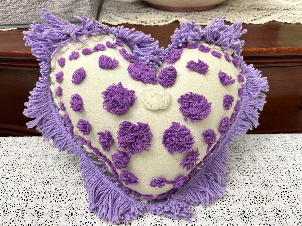 Vintage Heart Chenille Pillow, Shabby Iris Floral Reversible Fringed Design