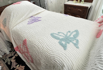 Butterfly Chenille Bedspread, Y2K Vintage Style Whimsy Butterflies, Full Queen Size