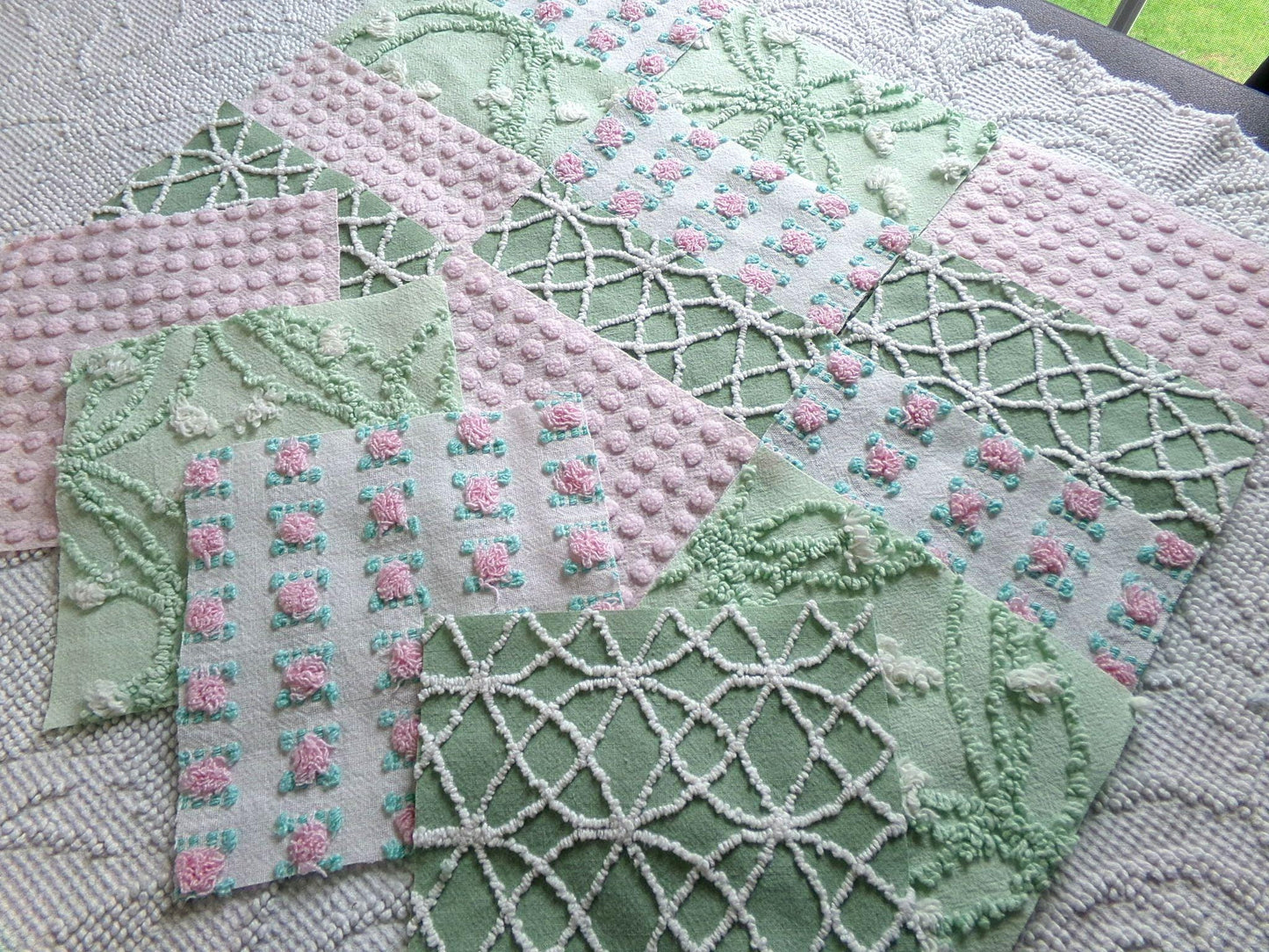 secret garden chenille fabric squares, 16 vintage 6" quilt blocks in pink & green, for sewing, crafts, fiber arts