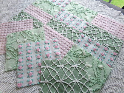 secret garden chenille fabric squares, 16 vintage 6" quilt blocks in pink & green, for sewing, crafts, fiber arts