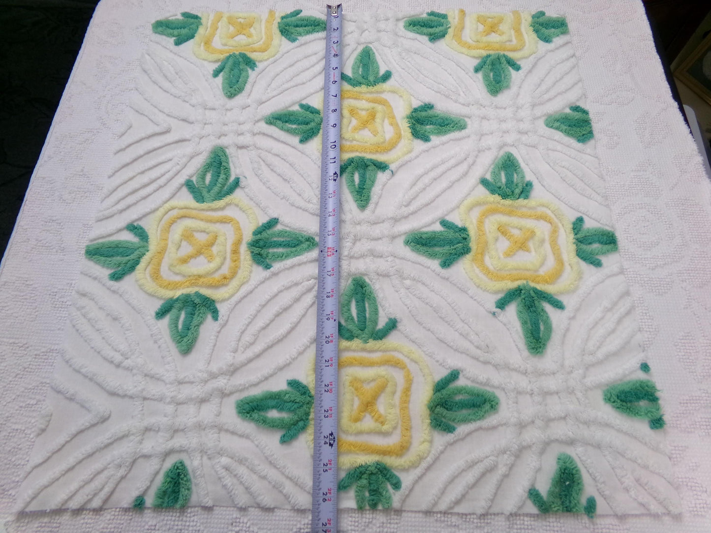 yellow cabbage rose vintage chenille bedspread fabric, cottage charm quilt material, 23" x 25" piece